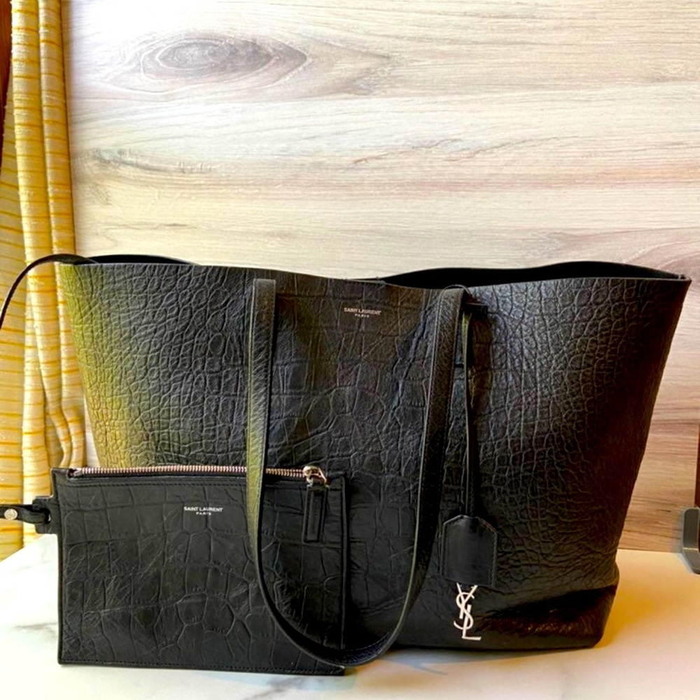 YSL East West Croc Embossed Shopper Tote Large Black